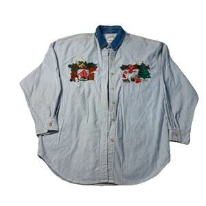 Solutions Original Christmas Embroidered Shirt Womens Medium Blue Stripe 90s